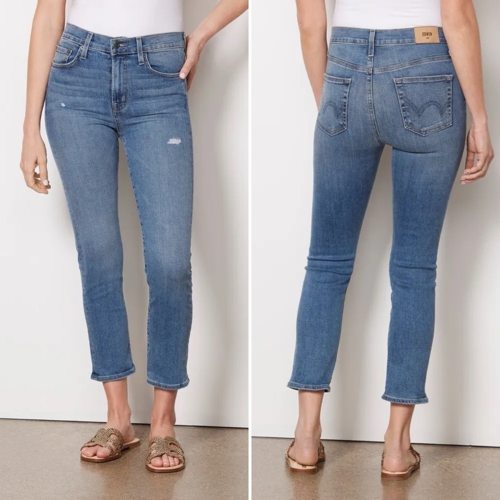 Edwin Elin Crop‎ Straight Jeans 32 14 distressed stretch medium wash blue denim